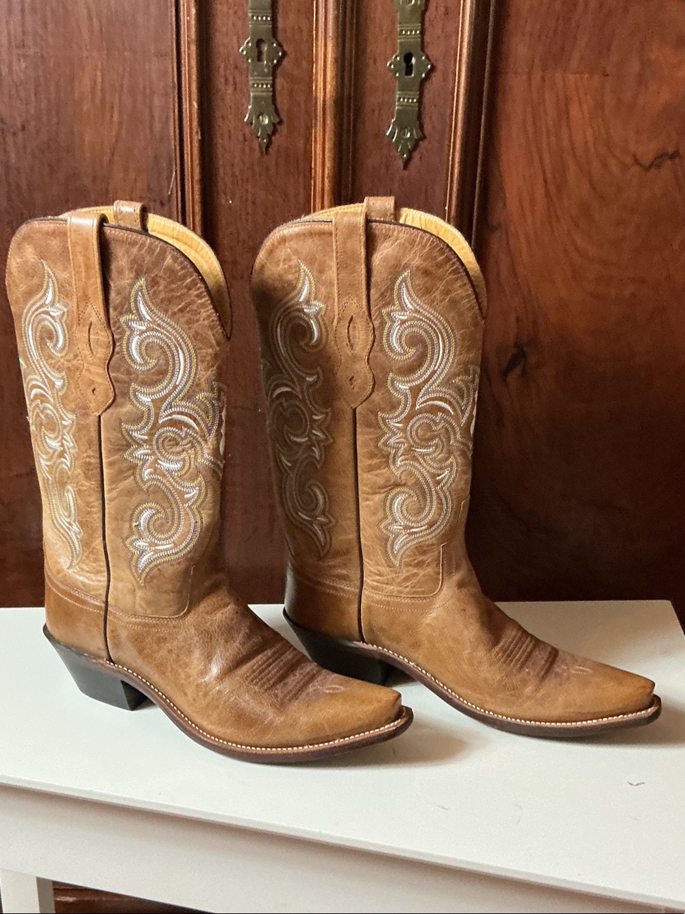 Old West Brown Leather Women's Western Embroidered Heeled Boots